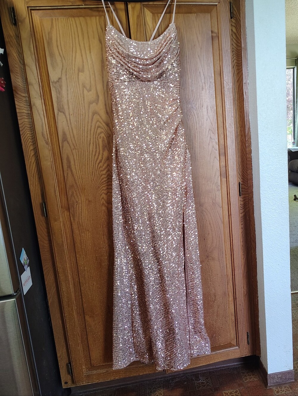 NW Nightway Rose Gold Sequin Cowl Neck Spaghetti Strap Evening Gown Size 14
